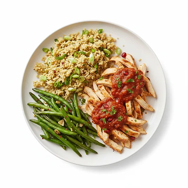 Chicken Halabi With  Green Onion Cous Cous And Sauteed Haricot Beans